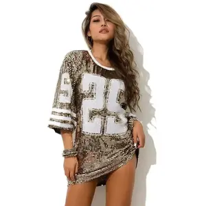 Chic Woman Loose Oversized SequinT-shirt Dress Hip hop Half Sleeve Jersey Sequined Dress Streetwear Dance Performance Costume