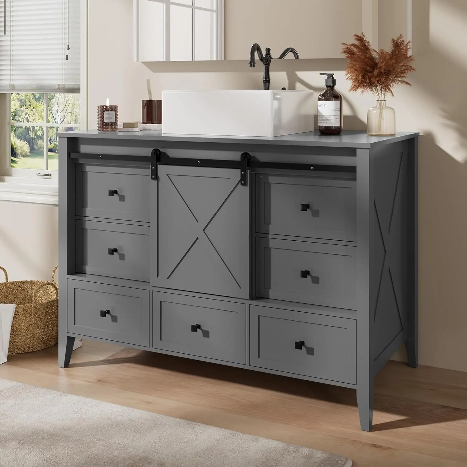 48 in Industrial Waterproof Metal Freestanding Bathroom Vanity with Ceramic Sink - Farmhouse Sliding Barn Door, 7 Drawers, Compartmentalized Drawers and Cubbies Space-Saving Furniture, Farmhouse Look Bath Decor, Grey, Compartmentalized Bathroom Furniture