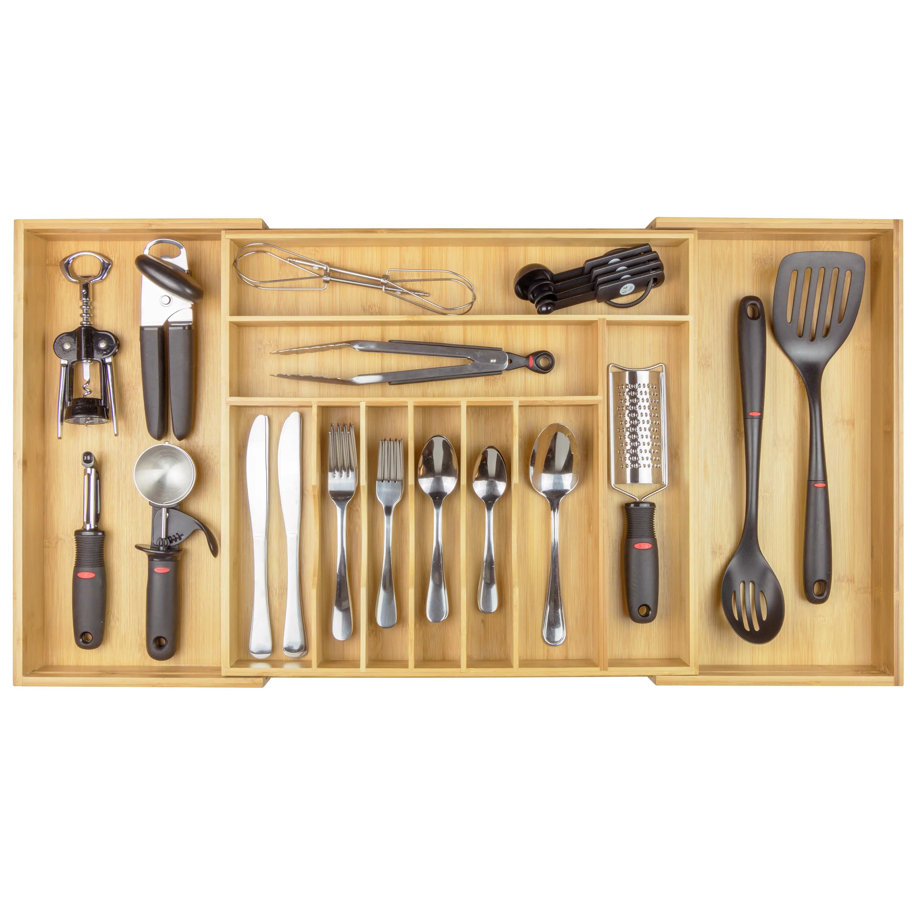 Premium Silverware, Flatware and Utensil Organizer for Kitchen Drawers, Food-Safe Contract Grade, Expandable from 18 to 33 In, Natural Bamboo Boxes Adjustable