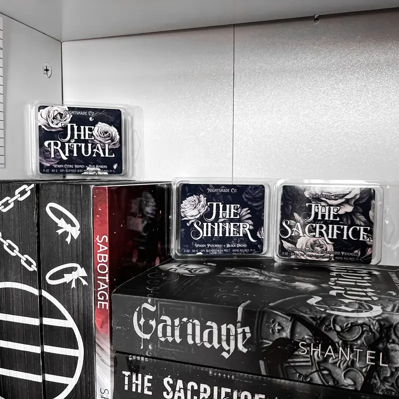 WAX MELTS BOOK TITLE Shantel Tessier licensed, The Ritual, The Sacrifice, The Sinner, Carnage