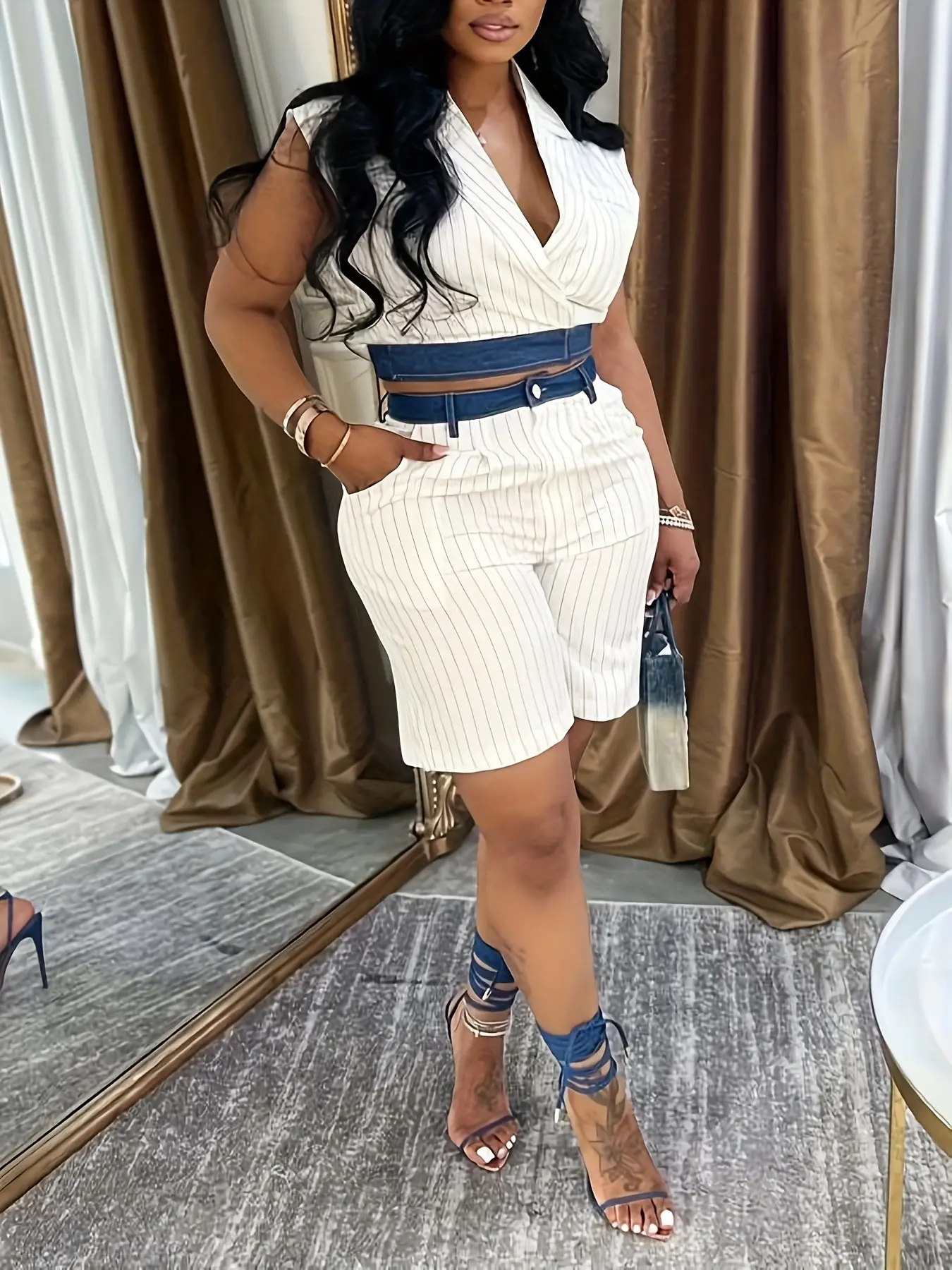 Women's 2-Piece Casual Shorts Set - Fashion Stripe Pattern Sleeveless Vest with Lapel Collar & Polyester Bottoms in US Sizes