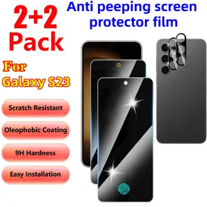【 2+2 PCS 】 Privacy screen protector, suitable for Samsung Galaxy S23 smartphone, 2 screen protectors and 2 lens protectors, wear-resistant and bubble free, supports fingerprint unlocking, 9H hardness, scratch resistant compatible phone case  Protective