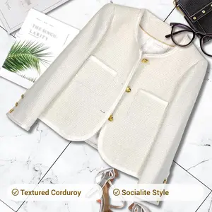 DUSHE Women's Fitted Textured Tweed Corduroy Jacket - 2026 Fall/Winter New Arrival, Socialite Style Crew Neck, Button Front Closure, 2 Pockets, Long Sleeves, Elegant Medium-Length Women's Clothes