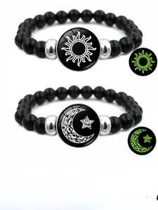 Night Glow Moon Sun Matching Bracelets, Stackable Bracelet, Adjustable Punk Style Woven Leather Couple Jewelry, His & Hers Casual Accessory, Adjustable Slider Bracelets, Couple Bracelet Set