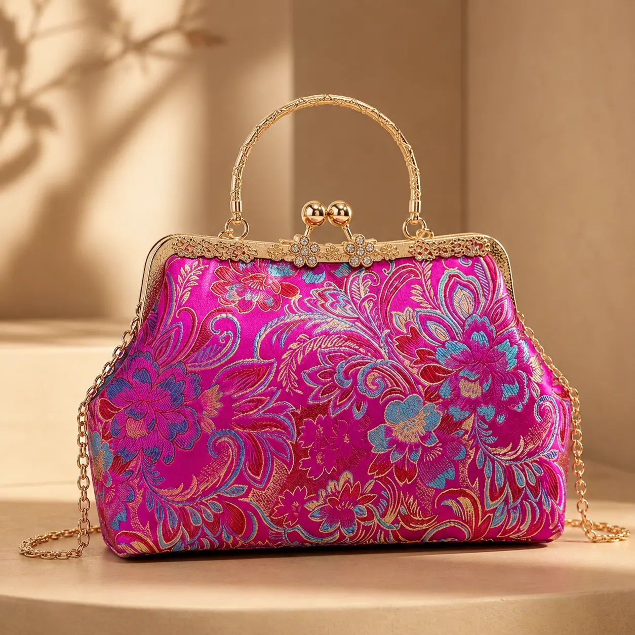 Vintage Chinese Style Evening Bag, Women's Floral Embroidered Jacquard Purse with Top Handle, Chic Kiss Lock Clutch with Chain Details for Wedding Party, Chain Details Women's Handbags, Elegant Women's Handbags,back to school,back to school haul