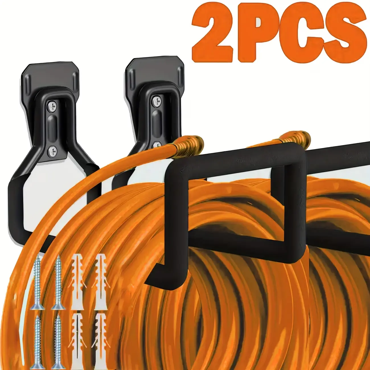 2pcs Metal Garden Hose Holder Wall Mount - Heavy Duty Rustproof Steel Hose Hanger Organizer for Outdoor, Lawn, Yard, Garage - Space Saving Storage Rack for Hoses, Coils & Cords - Easy Install No Drill