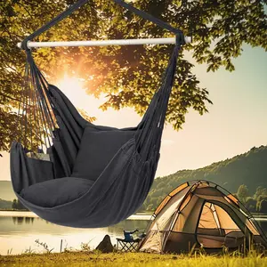 Hammock Chair, 1 Set Comfortable Hanging Chair with 2 Soft Cushions & Detachable Steel Bracket & Non-slip Pole & Other Accessories, Suitable for Indoor & Outdoor Use