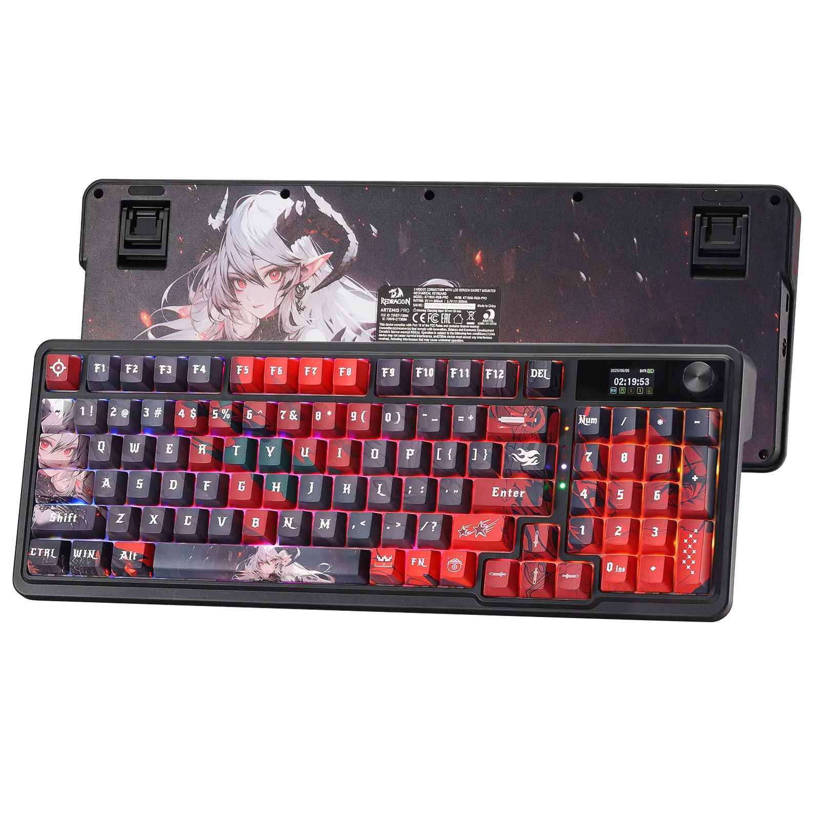 Redragon K719 AK PRO Wireless Gasket Gaming Keyboard w/Hype Screen & Knob, 95 Keys Mechanical Keyboard, Easy-Control 1.14’’ TFT Info Display, 5-Layer Noise Dampening, Custom Linear Switch, Anime Edition,summerwins