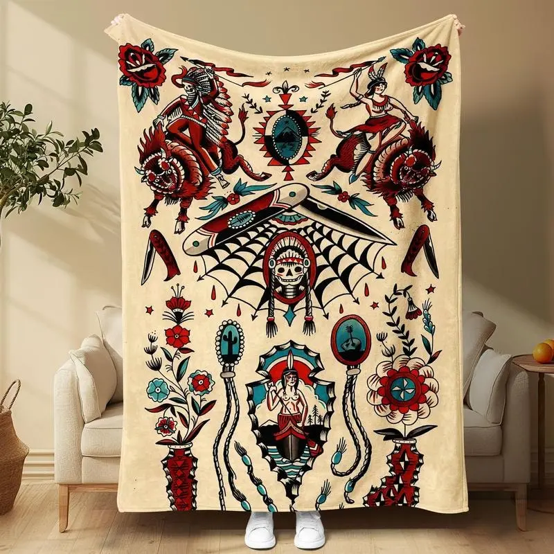 Vintage Tattoo Pattern Blanket, 1 Count Soft Refresh Cool Bedroom Throw, Bedroom Essentials for Home Office Travel