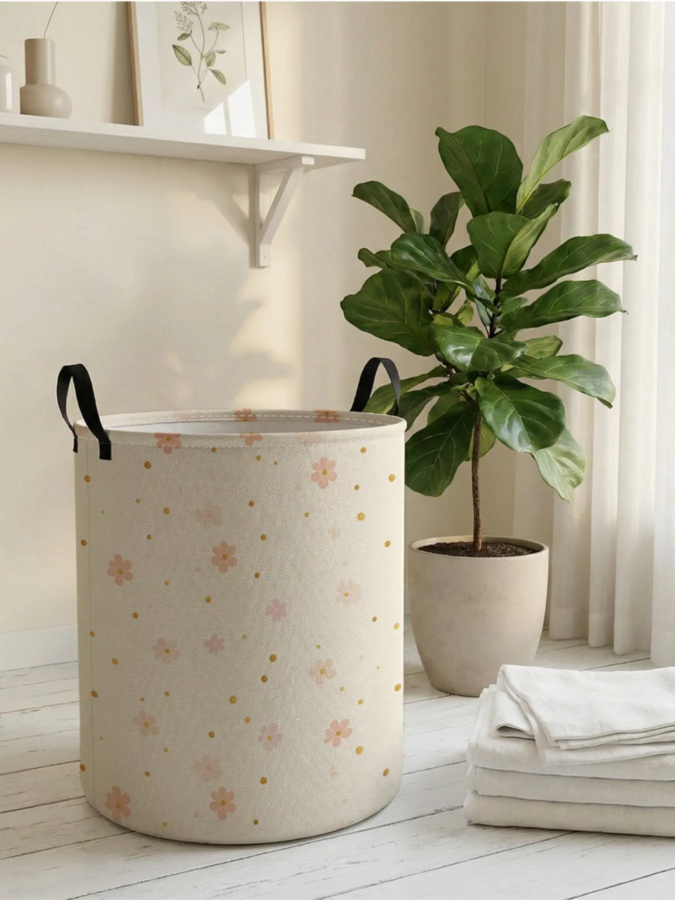 1 piece of pink flower pattern 2D printed open storage box, Fabric Laundry Basket, double handle reinforcement + foldable storage | dirty laundry storage/toy organization/home decoration all-in-one