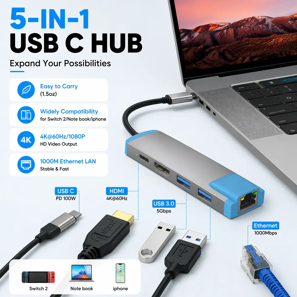 RUNTOGOL USB C 2-Port TV Dock display Adapter - 4K@60Hz (3840x2160p) Video Output, PD Charging, USB 3.0, Gigabit Ethernet, Portable Size, Compatible with Switch Series, Steam Deck & Smartphones