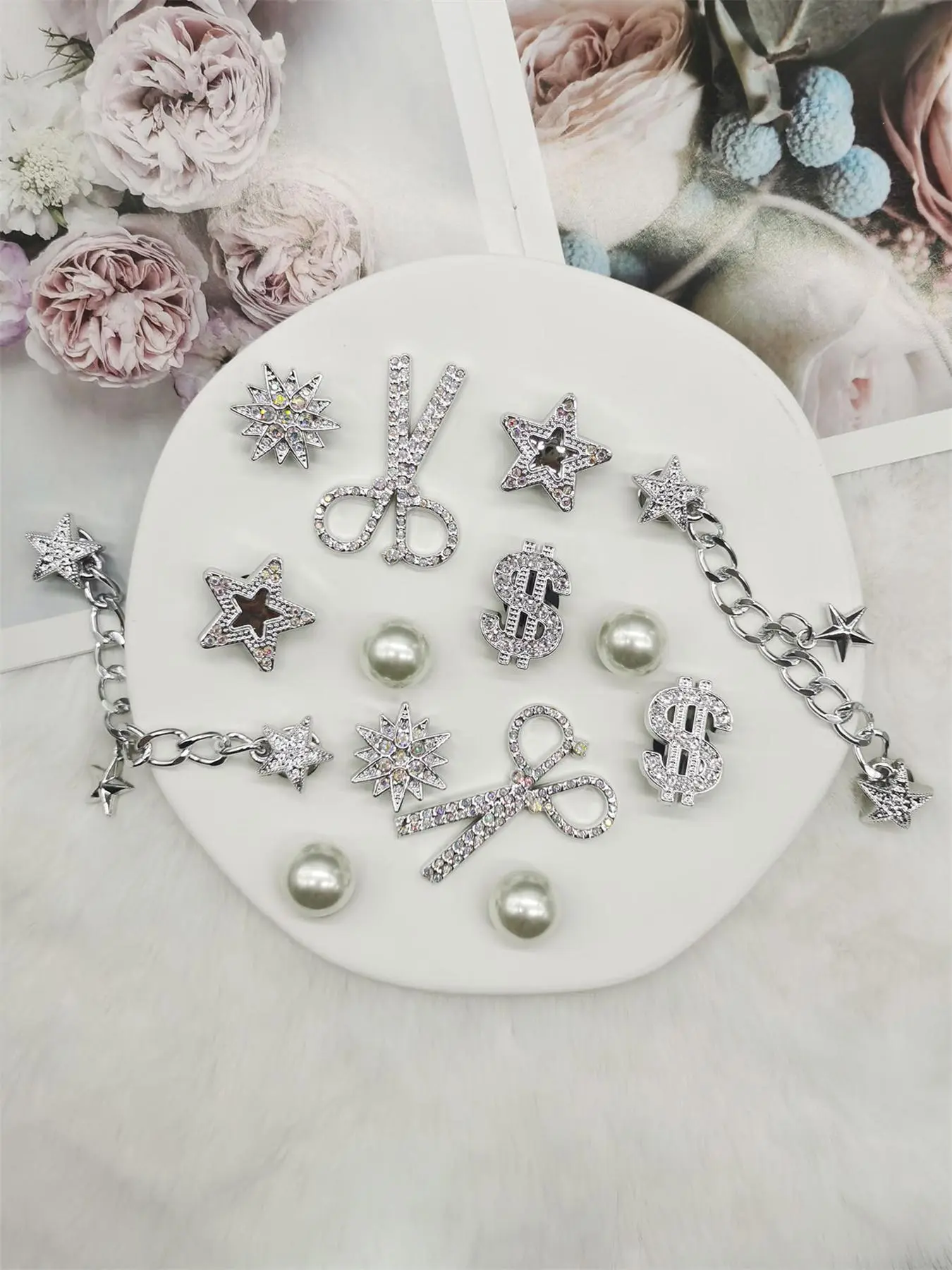 Cute Star & Chain Design Set, Sparkling Footwear Charms, Rhinestone Decorated Shoe Decorations, Decorative Shoe Accessories, Fashionable Shoes Accessories for Women & Girls, Shoe Chains