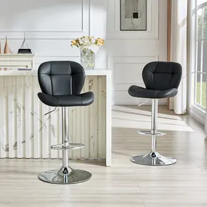 2 Pack Height Adjustable Bar Stools, Black PU Leather Tufted Back Kitchen Chairs with Chrome Base Footrest for Island Bar Pub