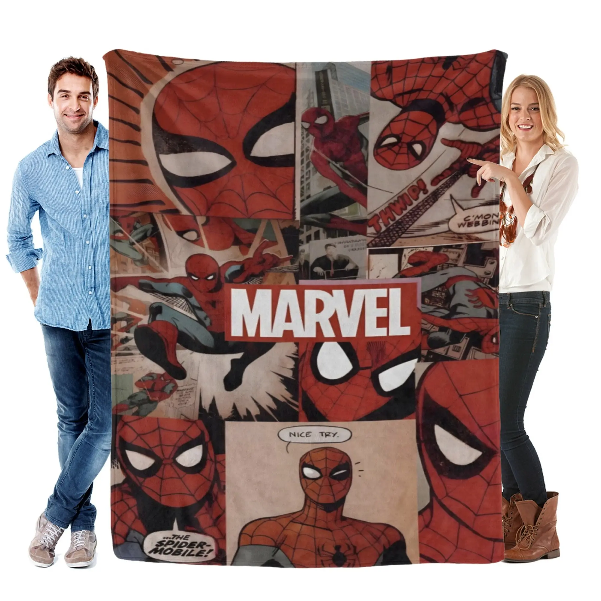 [SummerVibes] MARVEL CLASSIC Spider-Man Comic Panel Flannel Blanket, Soft Retro 2D Printed Throw for Home, Couch, Teens & Comic Fans