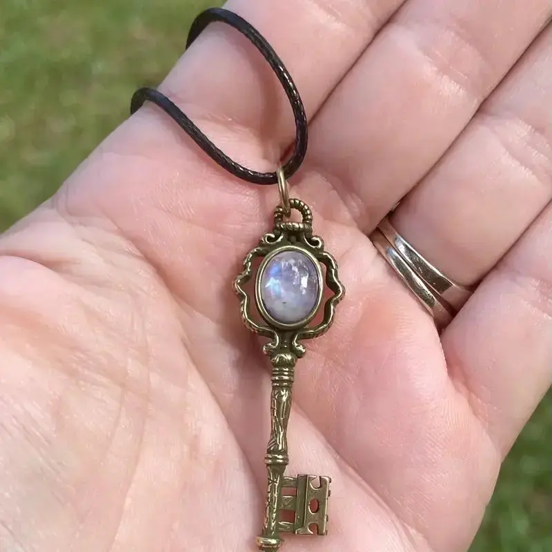 Key Shape Witch Necklace - Gothic Boho Aesthetic Alternative Style, Adjustable Length Colorful Solid Copper Antiqued Bronze Finish, Color-Shifting Fluorite Chakra Protection Amulet, Unisex Vintage Petite Pendant, Thoughtful Daily Wear Jewelry Gift, Gothic