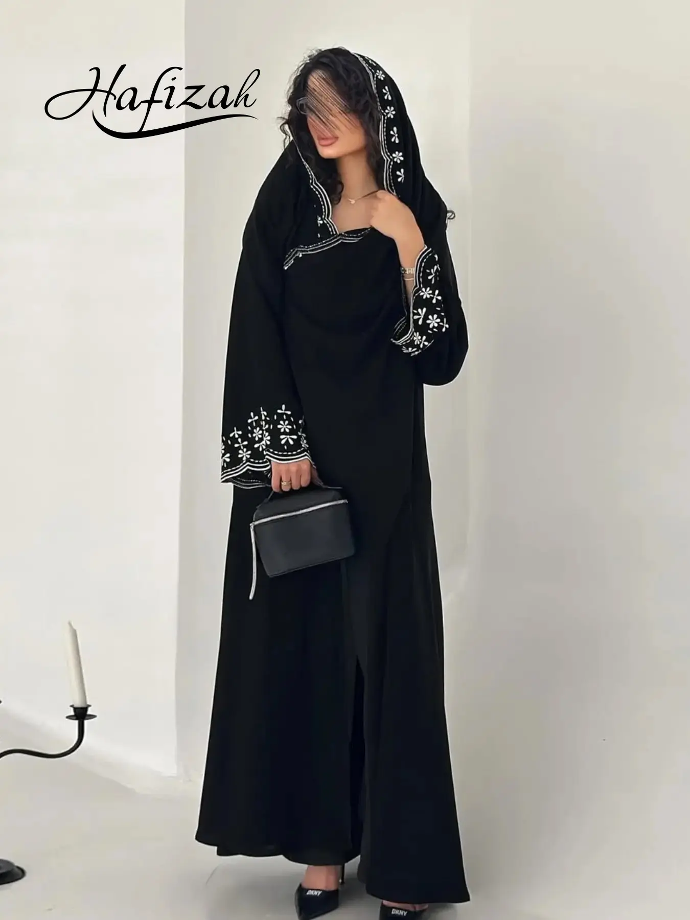 Hafizah 2026 New Modest Fashion Embroidered Outerwear Casual Loose Cardigan, Trendy Casual Leaf Print Long Dress with Headscarf, All Seasons
