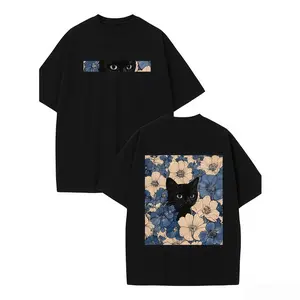 Black Cat floral pattern fun print vintage pure cotton T-shirt in 21st century style, American street style, suitable for both men and women, must-have for dressing up.