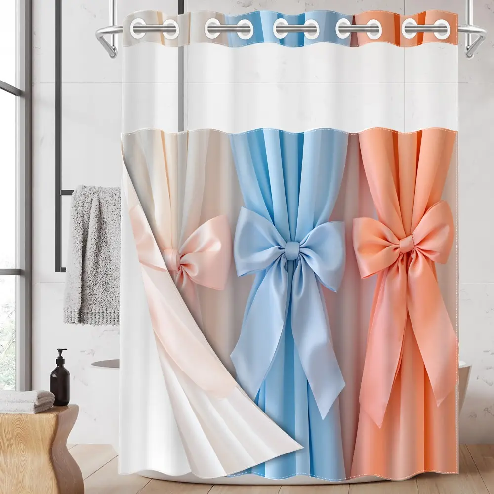 1PC/4PCS 2D Flat Printing Pink Blue Orange Bow Curtains Patterned shower curtain, home bathroom decor, shower curtain set with 12 hooks, non-slip bathroom rug, U-shaped toilet seat cover, toilet seat mat, Bathroom Supplies