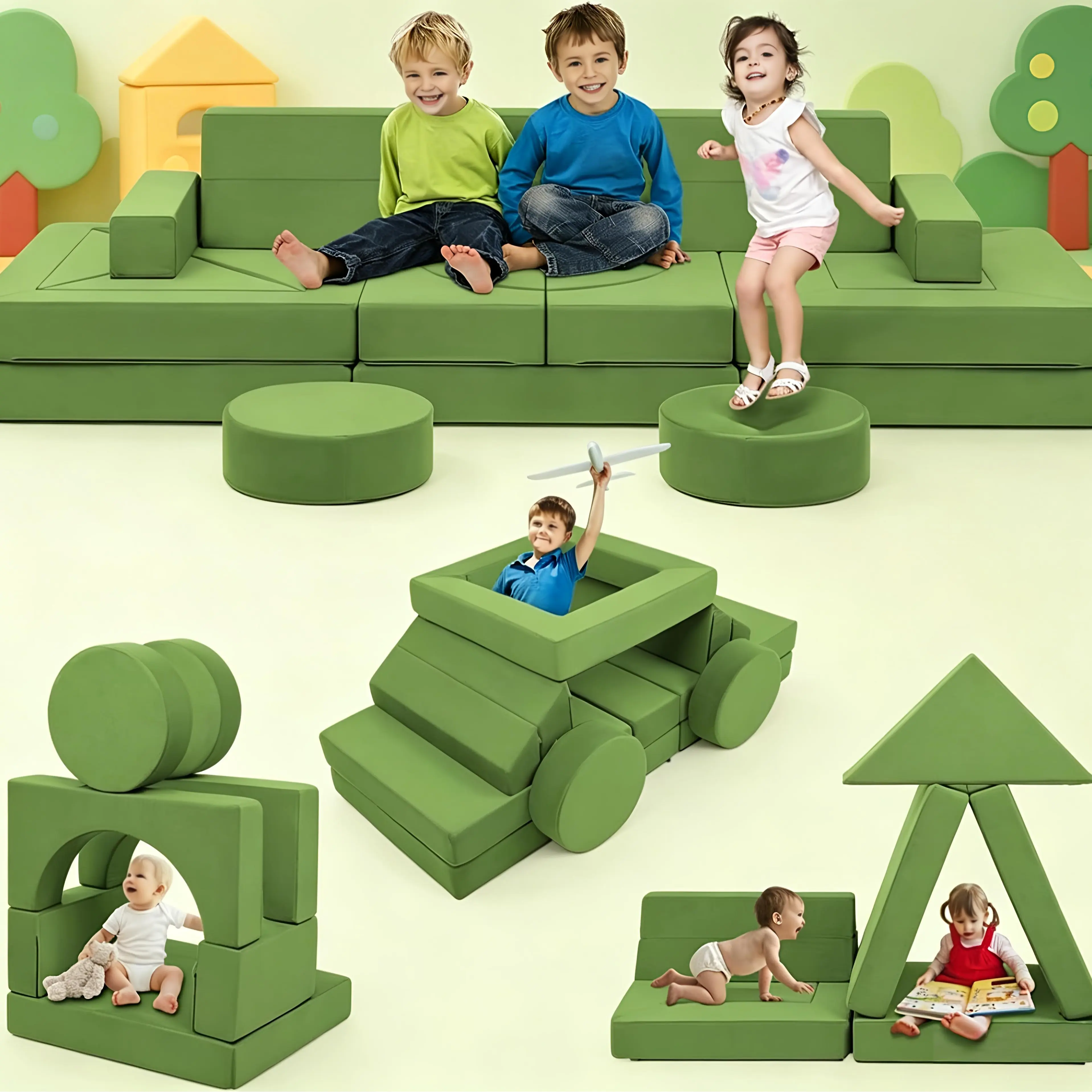 Winzoo 22-Pcs Modular Padded Toddler Sofa - High-Density Foam Comfy Kid Couch with Cushion, Multi-Shape Fun Children's Furniture for Nursery, Playroom Interior to Inspire Creativity