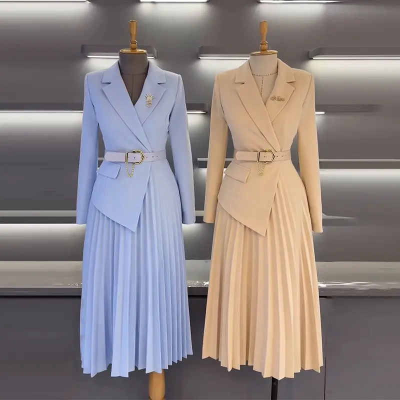 Women's Belted Blazer - Style Pleated Dress