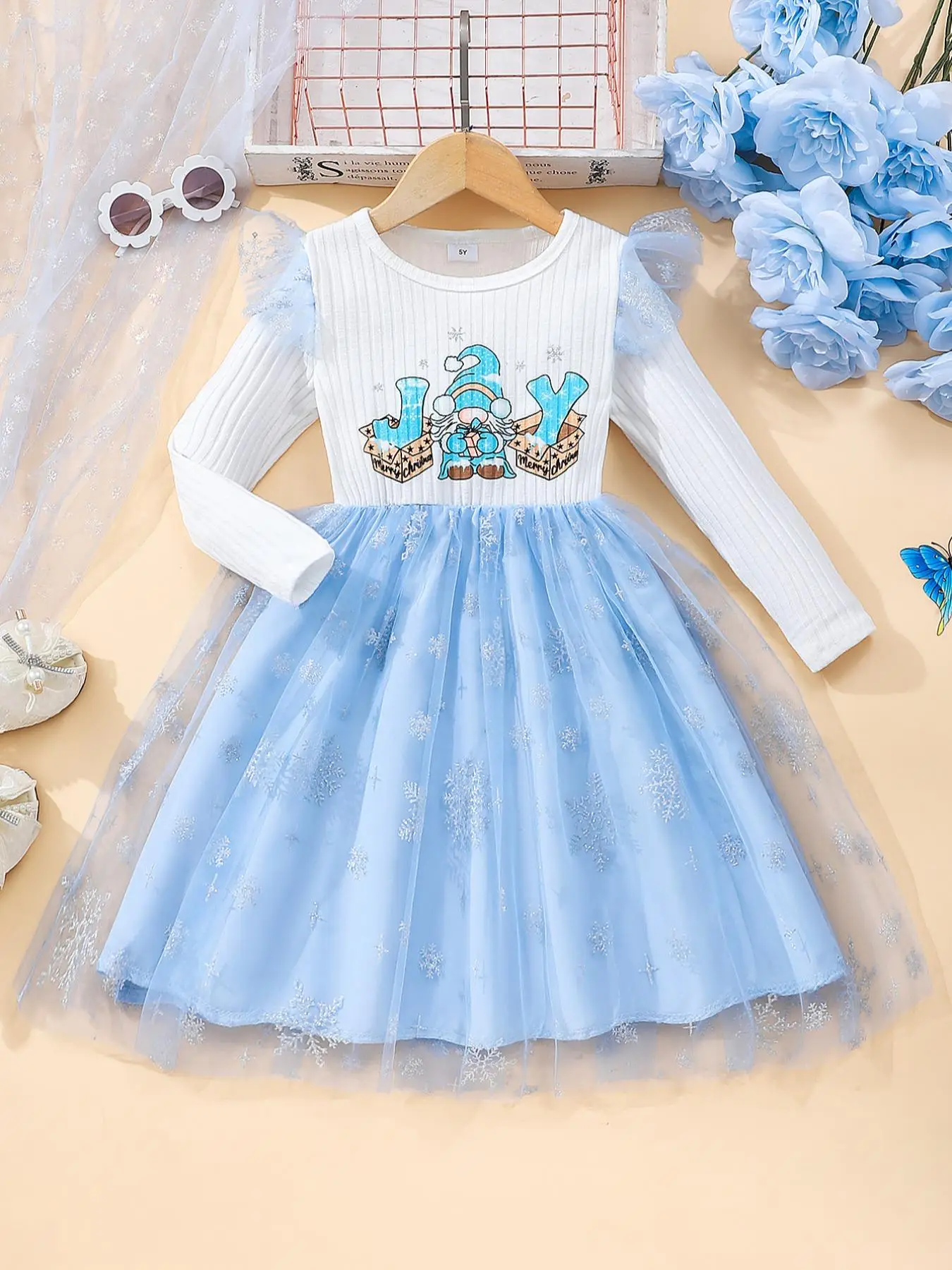 Girl's Cartoon Print Contrast Mesh Textured Ruffle Trim Dress, Cute Long Sleeve Round Neck Dress for Party Holiday, Kids Clothes for Fall & Winter