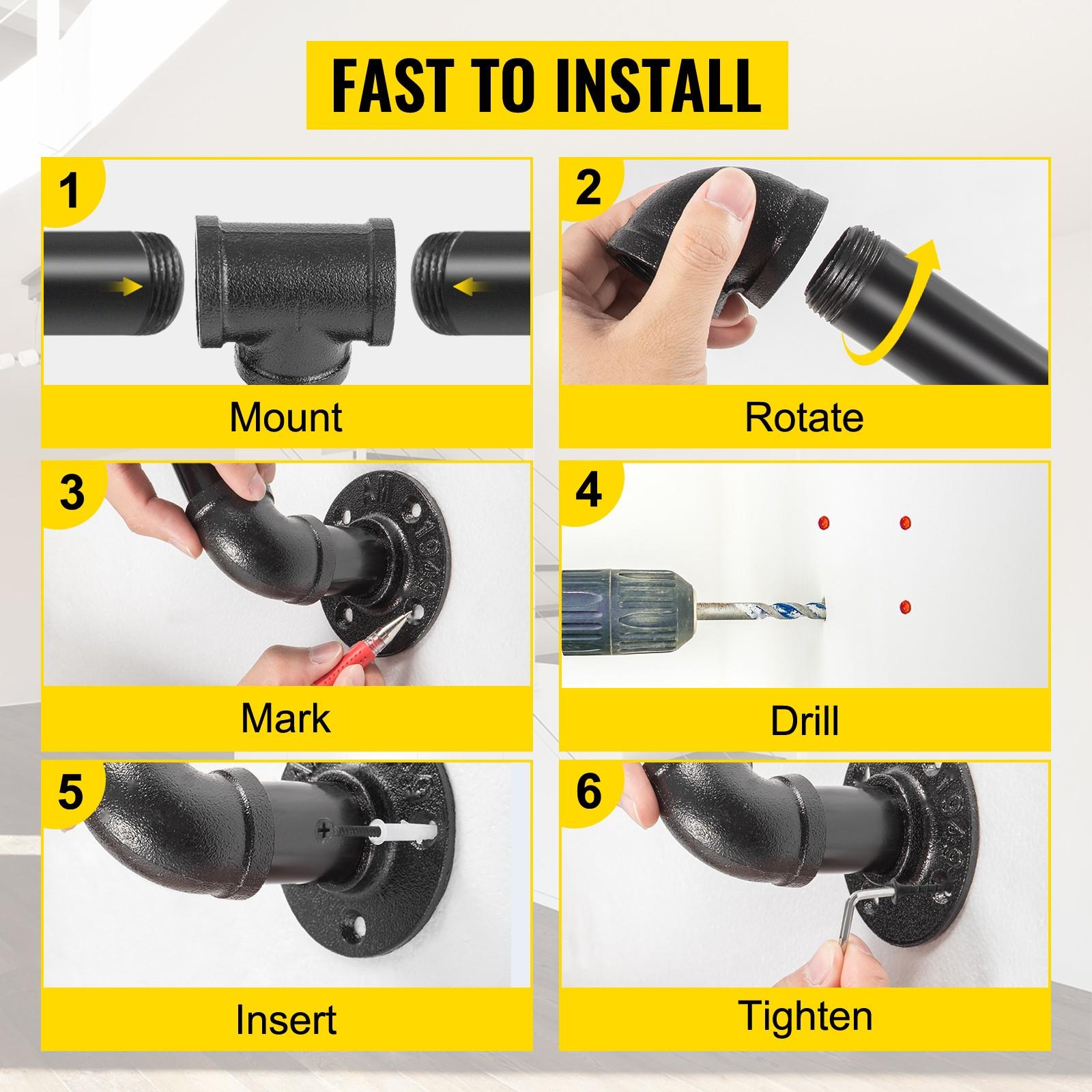 Pipe Stair Handrail, 9 Ft Staircase Handrail, 440 Lbs Load Capacity Carbon Steel Pipe Handrail, Industrial Pipe Handrail With Wall Mount Support, Round Corner Wall Rails For Indoor And Outdoor Use