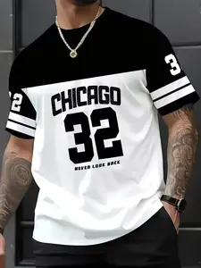 Men's New Casual Round Neck T-Shirt, Chicago Word Design, 32 Number Pattern, Polyester Knit Fabric, Stretchy, Soft Breathable, Outdoor Comfort