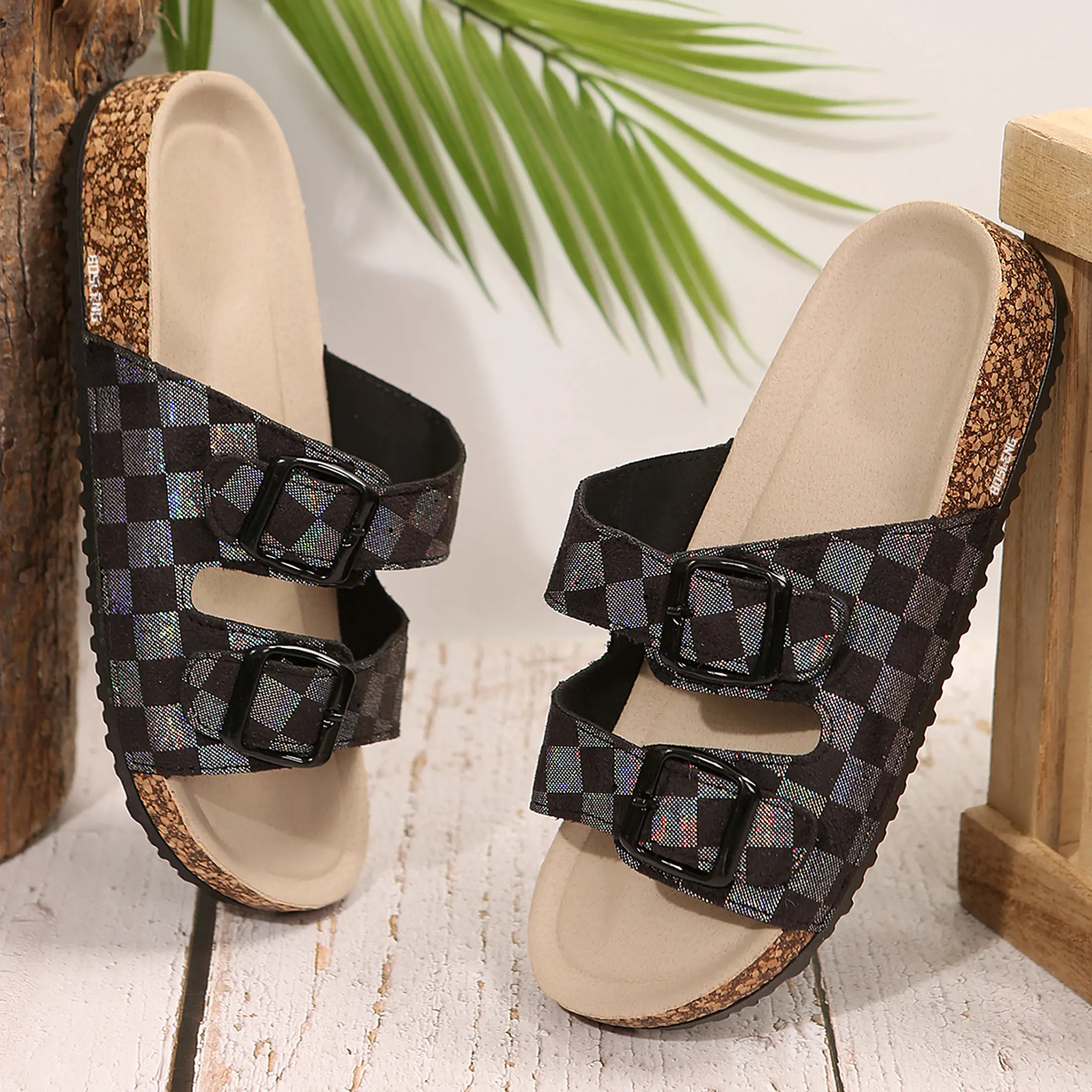 Women's Sandals Checkered Cork Slide Sandals with Adjustable Buckles Summer Essential