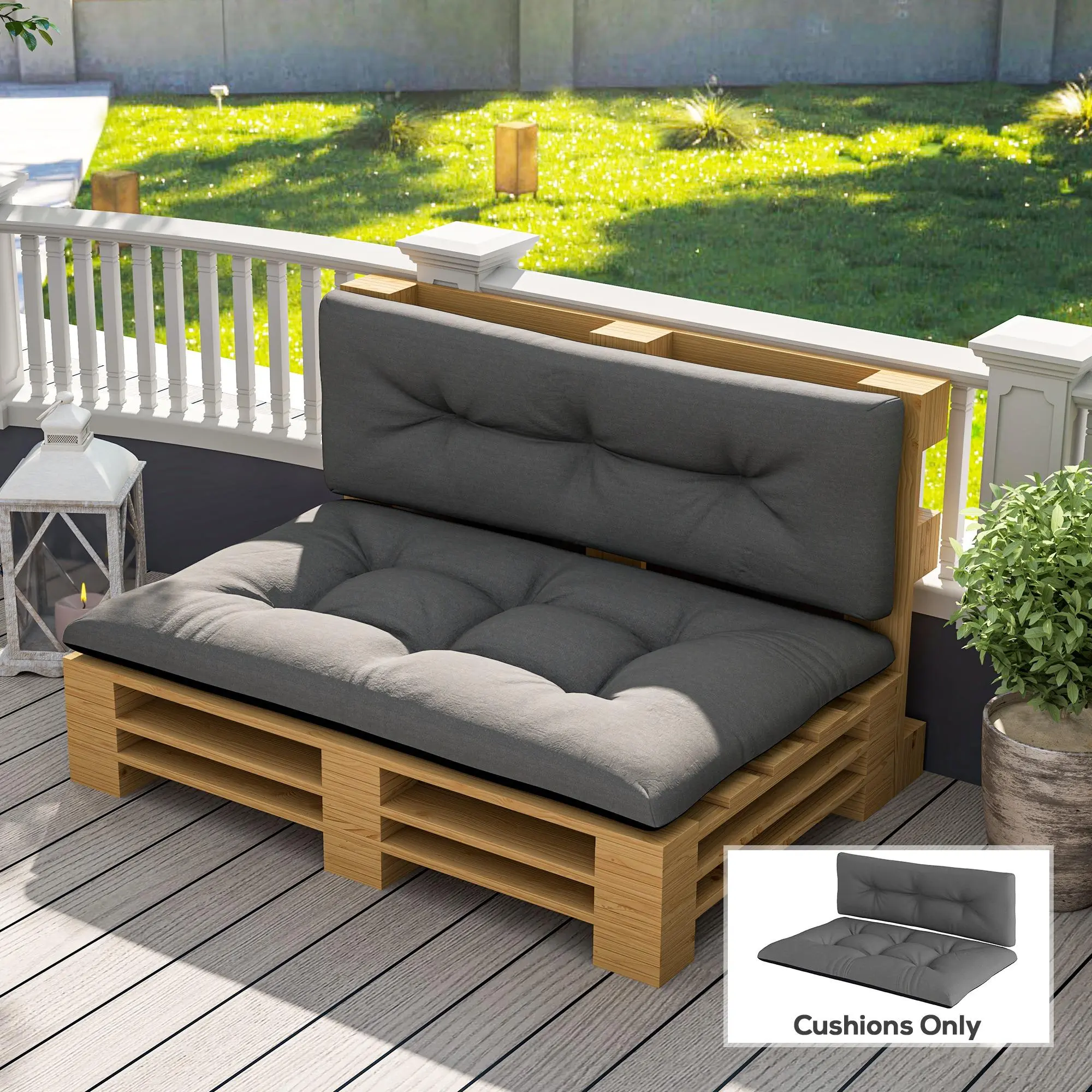 2 Seater Pallet Cushions – Black, 3.9" Thick. Tufted Design – No Shifting or Clumping. Seat: 47.2"L x 30.3"W, Back: 47.2"L x 15.7"W. 180gsm Polyester – Splash & Fade Resistant
