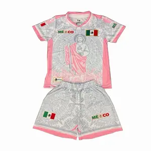 San Juditas Soccer Set Grey & Light Pink Unisex Jersey & Shorts Mexico Flag Design for Fans