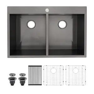 Sarlai 33 x 22 Inch Gunmetal Black Drop In Kitchen Sink 50/50 Double Bowl Topmount Kitchen Sink 16 Gauge Stainless Steel Kitchen Sink Drop In Sink