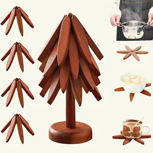 Wooden Foldable Trivet Set of 4 - Natural Walnut Heat Resistant Tree Design Hot Pad, Kitchen Coaster Mats with Stand for Cozy Home Decor Backyard BBQ Patio Dinner Party Cottagecore Aesthetic