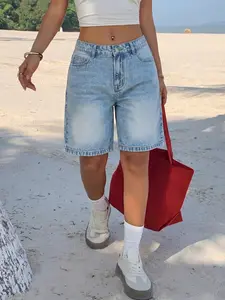 Tall Women's Low Waist Casual Basic Denim Shorts, Summer Jean Shorts, Slim-Fitting Plain Pattern, All Seasons Fashion