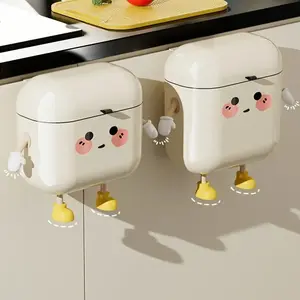 Cute cartoon design hanging kitchen trash can 2.38 gallons-wall-mounted, large-capacity trash can with lid, suitable for kitchen/bathroom, sealed and deodorized, waterproof, durable plastic, rectangular, without power supply, Kitchen trash bin