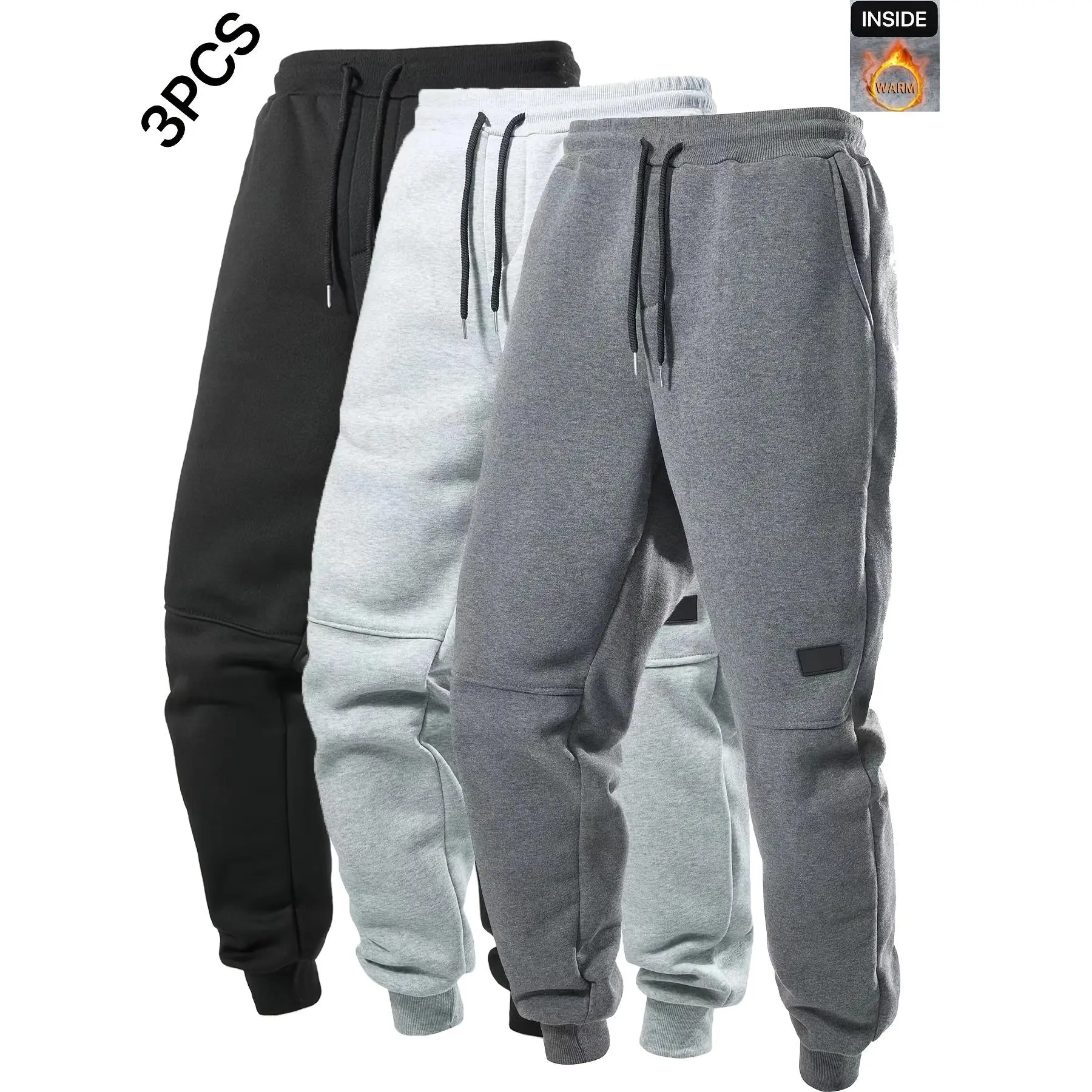 Men's 3pcs Warm Polyester Jogger Style Pants - For Athletes, Drawstring Waist, Machine Washable, Durable, Athletic Style Sports Bottoms - Black, Dark Gray, Navy Blue