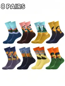 Artistic Oil Painting Men's Socks 8 Pairs Set, Colorful Famous Art Prints, Soft Skin-Friendly Breathable, Trendy Versatile Retro Style