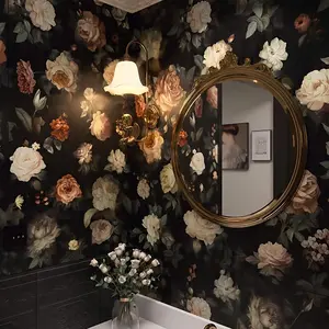 Vintage Floral Self-Adhesive Wallpaper, 44*300CM Black Rose Background with Cream, Blush & Peach Roses - Washable Seamless Decorative Stickers for Living Room, Bedroom, Bathroom Renovation | Elegant Home Decor & Preppy Room Decoration