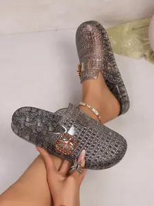 Transparent Rhinestone Buckle Jelly Slippers for Women, Summer Outdoor Thick Sole Anti-Slip Sandals, Versatile Casual Cool Slip-Ons, Slide