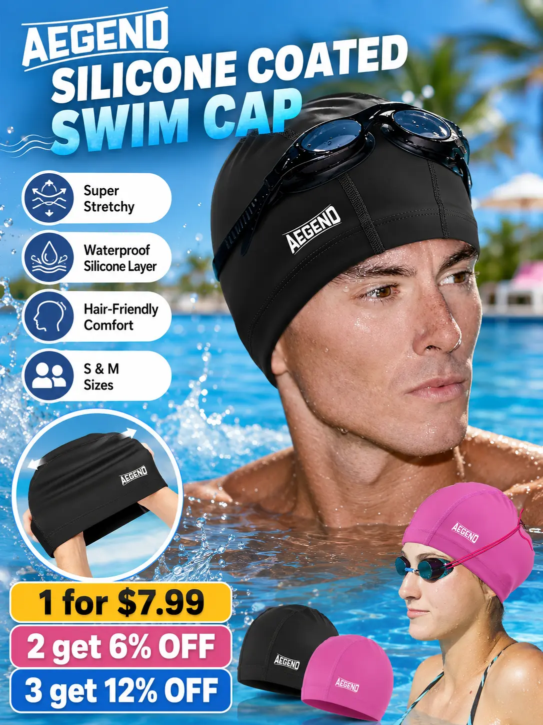 Aegend Unisex Swimming Cap, Sporty Polyester Fabric with Waterproof Silicone Lining, High Elastic & Quick-Dry for Hair Protection, Quick-Dry Swimming Caps