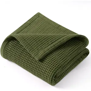 Reversible Waffle & Muslin Throw Blanket Large 50" x 70",  Cotton 400GSM Breathable Lightweight and Soft, Luxury Aesthetic Waffle Gauze Blanket for Home Decor, Ideal , Olive Green