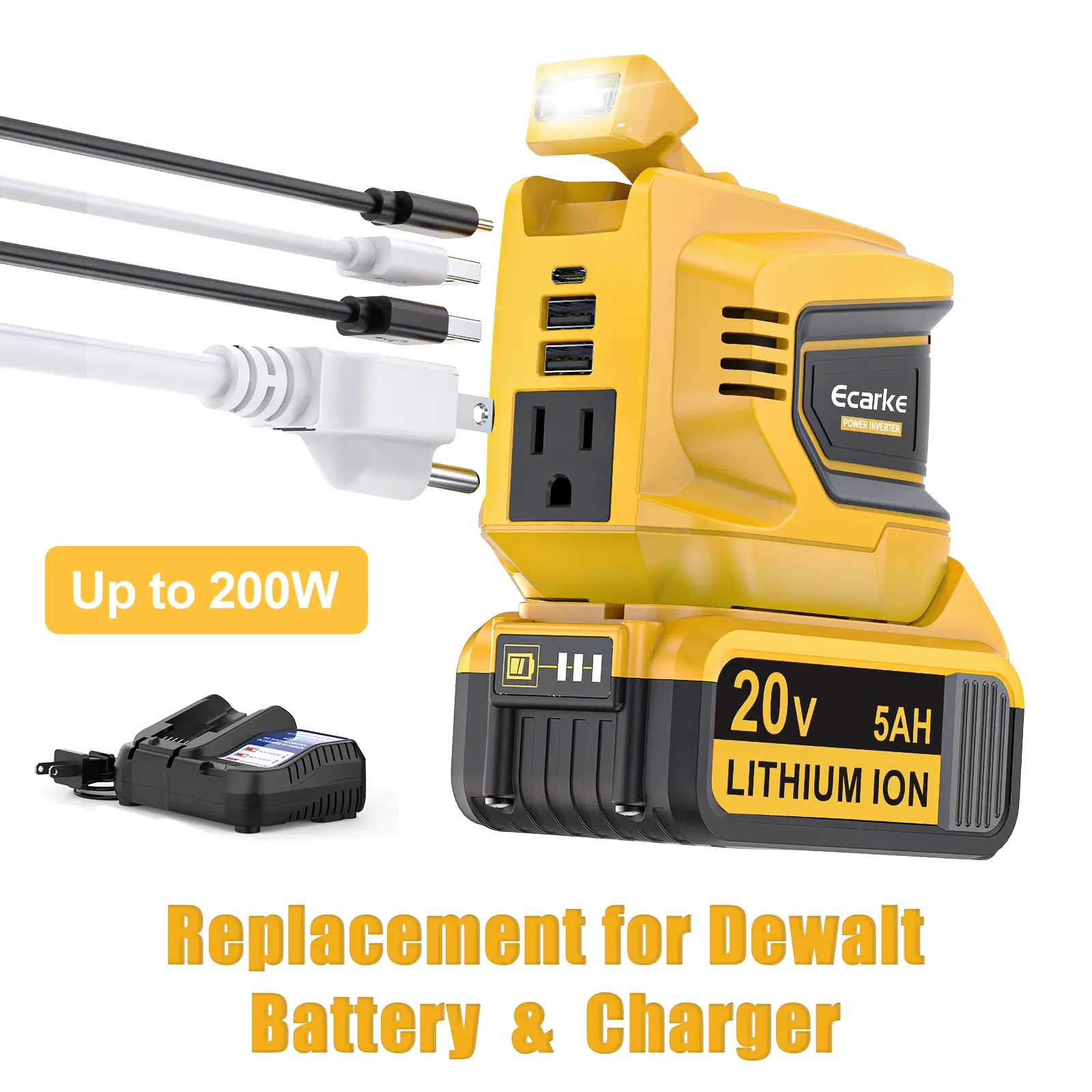200W Power Inverter for Dewalt 20V Battery, Power Station with a 5AH Battery & a Charging Station, DC 20V to AC 110V-120V, with 2 USB-A & 1 Type-C &