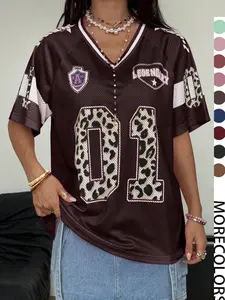 Y2K Retro Style Legendary 01/10 Leopard Print Jersey Top, Loose-Fit V-Neck Sporty T-Shirt, Hip-Hop Streetwear Fashion