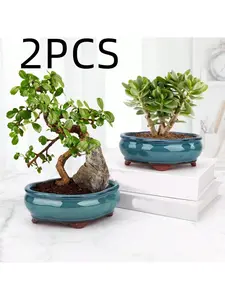 2PCS Bonsai Planter, Ceramic Planter Pots, 5.9" Small Succulent Glazed Pots with Drainage Hole, for Living Room Bedroom Balcony Decor