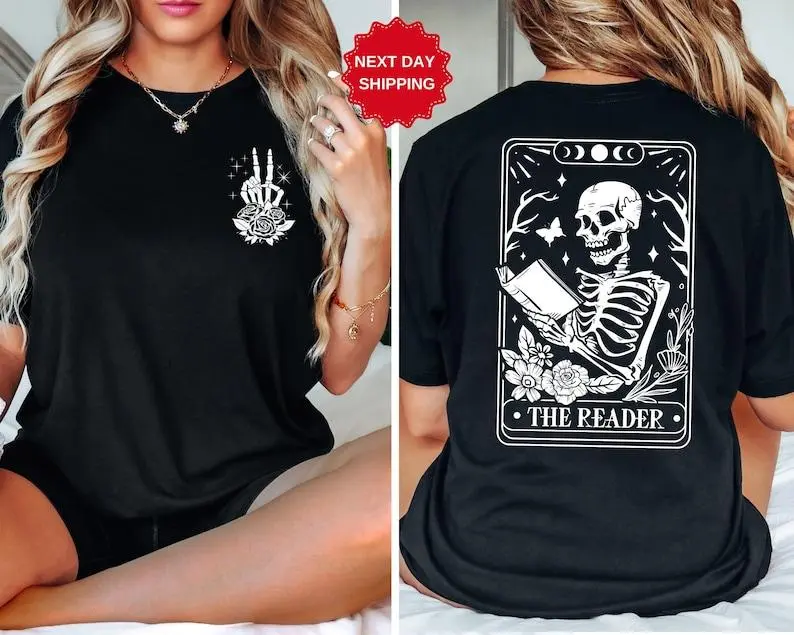 The Reader Tarot Card Front And Back Printing Shirt, Skeleton Reading T-shirt, Book Lover Gift For Women, Book Lover Tee, Tarot Card Shirt