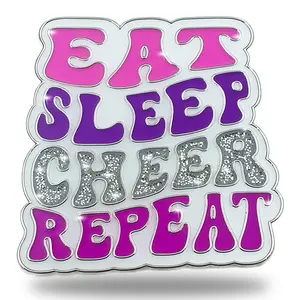 EAT SLEEP CHEER REPEAT Enamel Cheer Pin - Trendy Vibrant Design with Pink Purple Enamel & Silver Glitter Center - 2x1.9 Inch Hard Enamel Pin for Cheer Bags Jackets Team Gifts