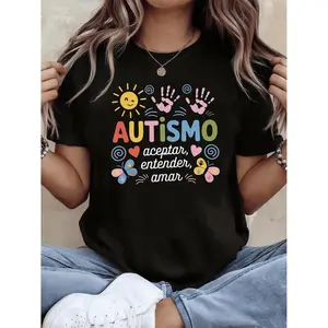 AUTISM Accept, Understand, Love. Women'S Spanish Autism Care Themed T-Shirt with Sun Handprint Slogan Decoration, Casual Short Sleeves, Rainbow Warmth