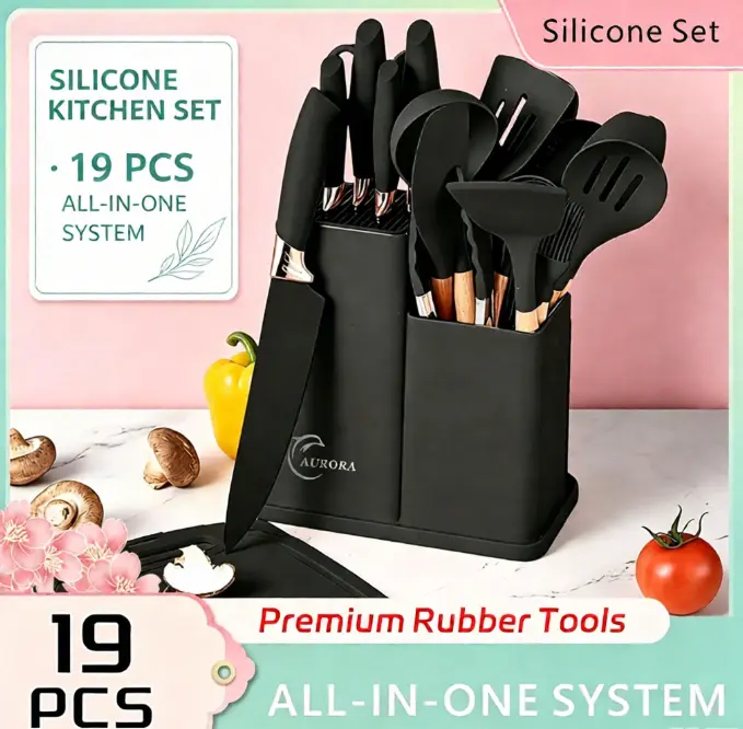 19-Pcs Nonstick Cookware Set with Heat-Resistant Silicone Utensils, Wooden-Handled Chef Knife, Deep Soup Ladle, Spaghetti Server, Stylish White Blush Pink Valentine’s Day Gift for Women, Food-Safe Kitchen Tools