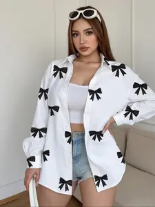 Women's Loose-Fit Long Sleeve Shirt Blouses, Womenswear, Casual Everyday Kint Fabric Top for Spring & Fall Seasons, Comfortable Moderate Thick Material Design