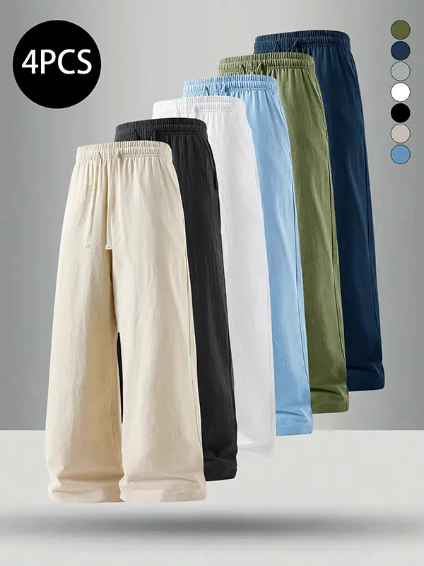 4-Pack Men’s Summer Linen Cotton Straight-Leg Pants – Casual Loose Fit, Versatile Trendy Long Pants for Men