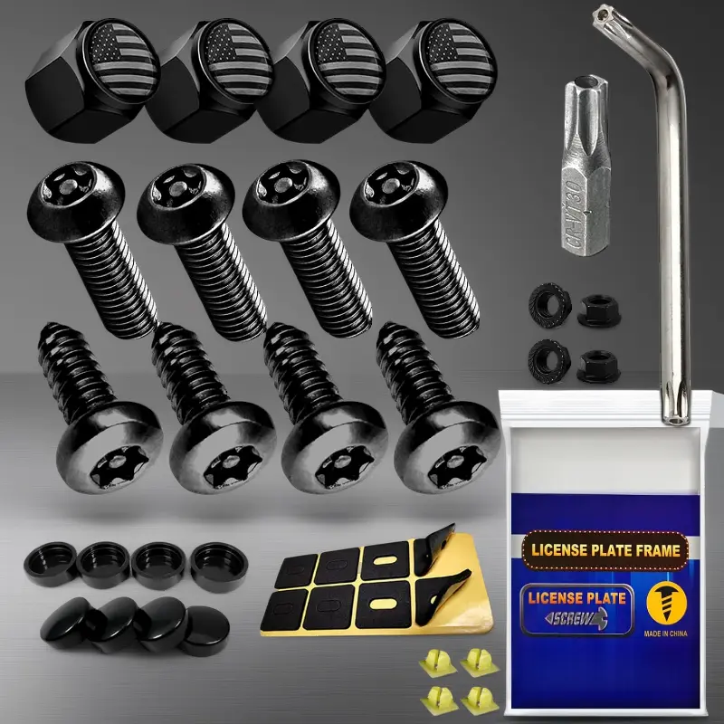 Anti-Theft License Plate Screws, Black Security Bolts Fasteners for Front & Rear Tag Frame Holder, 1/4'' M6 Stainless Steel Mounting Hardware Kit for Car, Truck & Motorcycle, Includes Screws, Caps & Insert Nuts